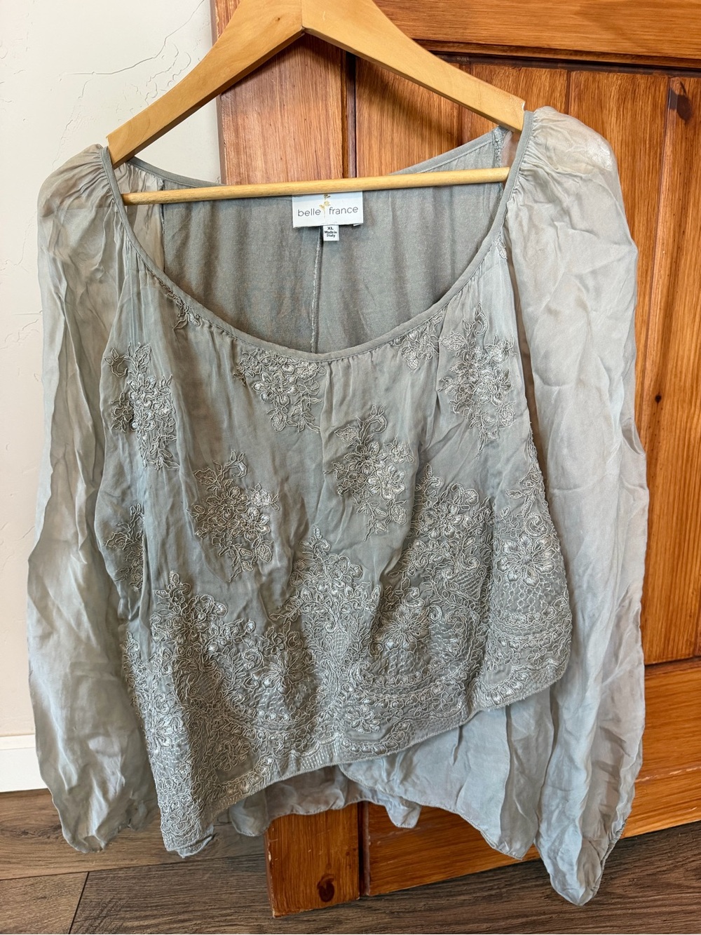Belle France Made in Italy Silk Blend Embroidered Boho Blouse taupe gray XL EUC